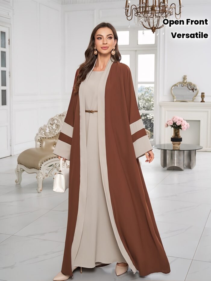 Breathable Light Beige-Friendly Fabric Color-Block Open Front Abaya with Sleeveless Inner Layer - Simple, Elegant, and Versatile Muslim Dress for Women's Daily Wear Parties, Suitable for Birthdays & Gatherings