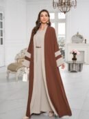 Breathable Light Beige-Friendly Fabric Color-Block Open Front Abaya with Sleeveless Inner Layer - Simple, Elegant, and Versatile Muslim Dress for Women's Daily Wear Parties, Suitable for Birthdays & Gatherings