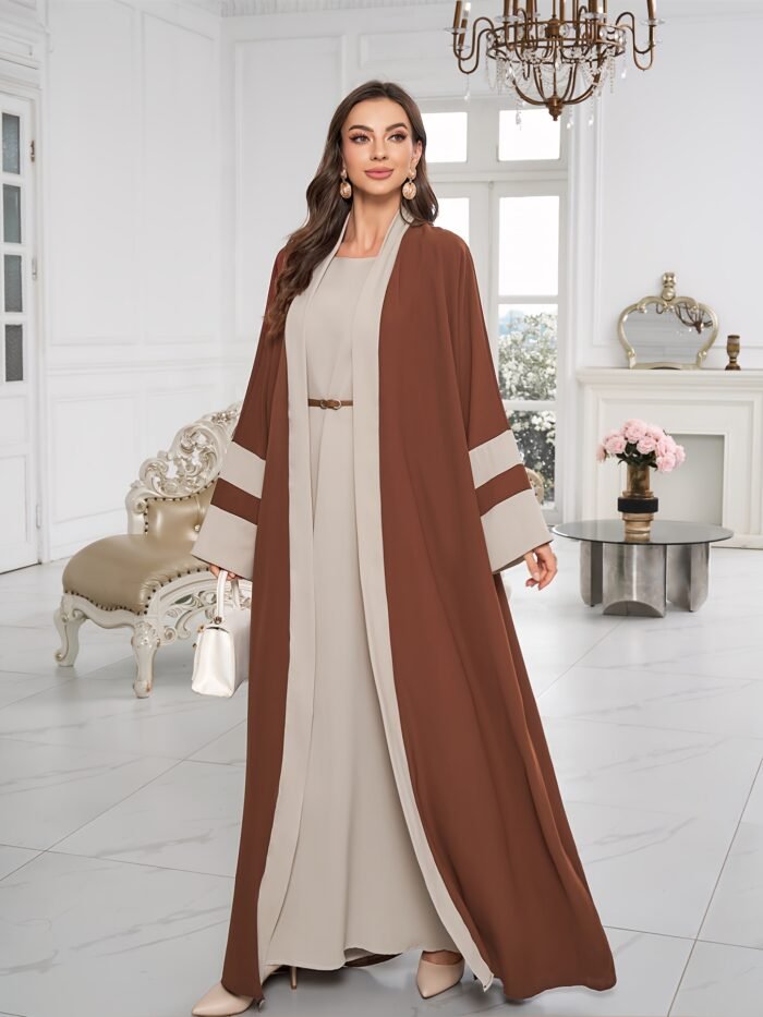 Breathable Light Beige-Friendly Fabric Color-Block Open Front Abaya with Sleeveless Inner Layer - Simple, Elegant, and Versatile Muslim Dress for Women's Daily Wear Parties, Suitable for Birthdays & Gatherings - Image 2