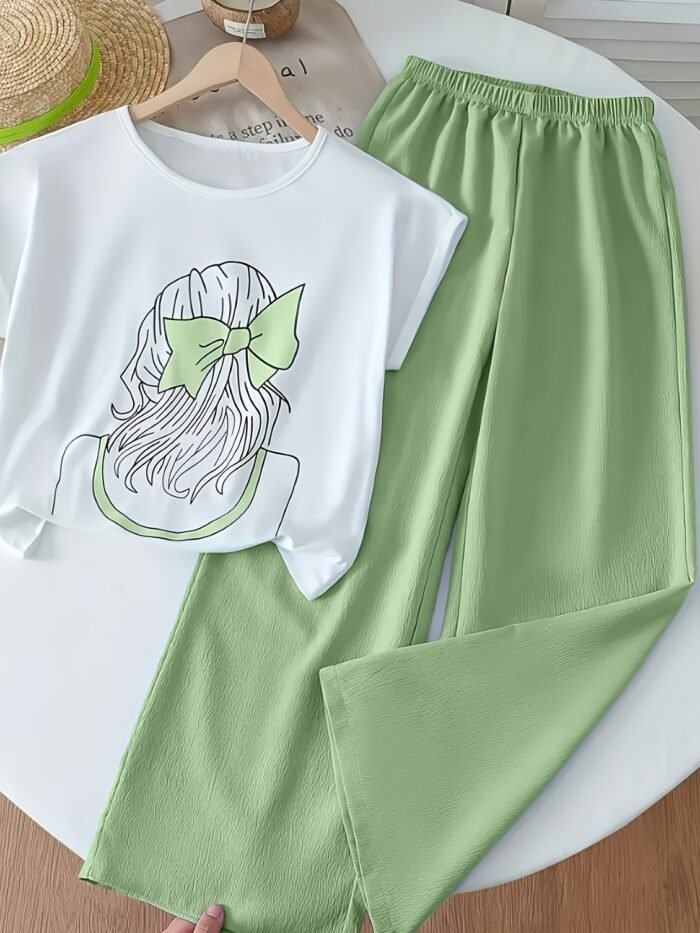 Spring and Summer Girls' New Arrival, Sunlight Fashionable Cute Artistic Print Round Neck Short Sleeve Solid Color Top with Casual Versatile Solid Color Pants Two-Piece Set, Suitable for Daily Outings, Beach Vacation, Family Gatherings, Parties, Picnics, Comfortable Two-Piece Set for Middle and Large Young Girls, a Delicate Gift for Friends, Family, and Relatives, for Outdoor, Girl Clothe For Summer, Girl Summer Clothe, Girl Clothe Set, Girl Clothe, Sportive For Girl, Girl Set