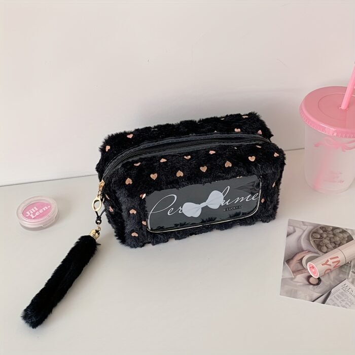 Cute Plush Makeup Bag with Bow Charm - Portable Cosmetic Organizer for Women, Soft Pink with Golden Accents, Compact Design for Travel & Daily Use, Makeup Travel Bag, Playful Design, Decorative Bow Detail - Image 7