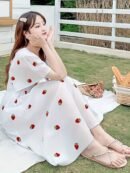 Women'S Cute Forest-Themed A-Line Dress with Ruffle Sleeves - White with Red Cherries & Green Leaves Print, Short Sleeve, Long Length, Perfect for Spring/Summer, Casual Attire, Casual Attire|Ruffle Sleeve Dress|Aline Silhouette, Cute Dresses