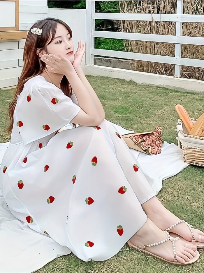 Women'S Cute Forest-Themed A-Line Dress with Ruffle Sleeves - White with Red Cherries & Green Leaves Print, Short Sleeve, Long Length, Perfect for Spring/Summer, Casual Attire, Casual Attire|Ruffle Sleeve Dress|Aline Silhouette, Cute Dresses - Image 2