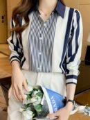 Women'S Elegant Striped Long Sleeve Blouse - Loose Fit, Designer Style, Polyester, Machine Washable - Perfect for Spring & Fall, Casual Attire, Casual Attire|Designer Style Top|Polyester Fabri