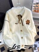 Women'S Color Block Cardigan - V-Neck with Tie-Front, Button-Up Sweater Jacket in Navy Blue & White, Long Sleeve for Fall/Winter, Cozy Casual Outerwear