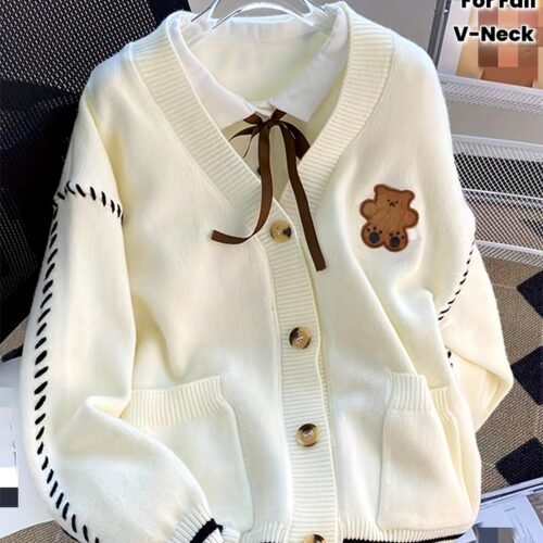 Women'S Color Block Cardigan - V-Neck with Tie-Front, Button-Up Sweater Jacket in Navy Blue & White, Long Sleeve for Fall/Winter, Cozy Casual Outerwear