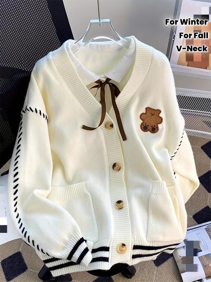 Women'S Color Block Cardigan - V-Neck with Tie-Front, Button-Up Sweater Jacket in Navy Blue & White, Long Sleeve for Fall/Winter, Cozy Casual Outerwear
