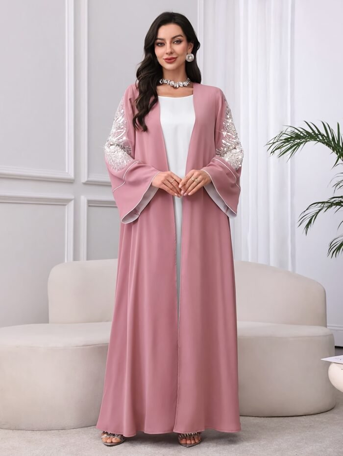 Women'S Elegant Arabic Abaya Robe - Long Sleeve Open Front Islamic Dress with & color contrast, Formal Wedding, Party, Everyday Muslim Gown for Modest Muslim Women - Spring/Fall/Summer Traditional Attire, Muslim Dress, Seasonal Wear - Image 2