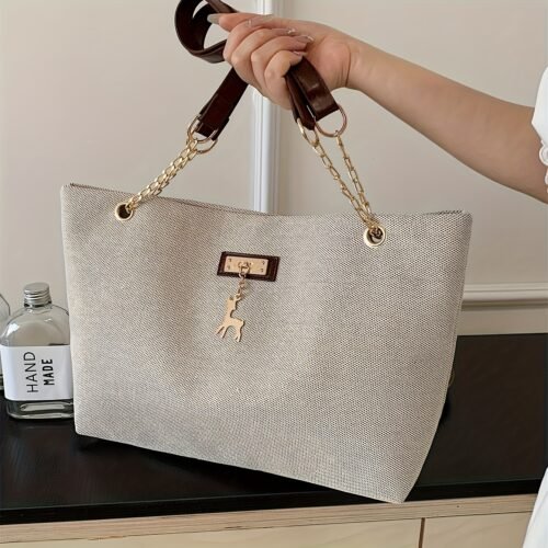 Elegant Polyester Handbag for Women, Large Capacity with Deer Charm, Adjustable Contrast Strap, Zipper Closure, Painted Edges, Handbag Style, Hand Wash/Dry Clean, Polyester Lined