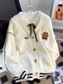 Women'S Color Block Cardigan - V-Neck with Tie-Front, Button-Up Sweater Jacket in Navy Blue & White, Long Sleeve for Fall/Winter, Cozy Casual Outerwear