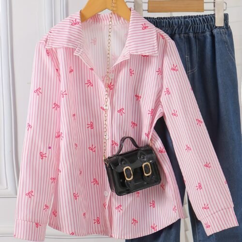 Girls' Long Sleeve Blouse - Soft Pink Button-Front Shirt with Classic Collar, Easy-to-Wear Everyday School & Party Outfit for Tweens & Teens, Fall Casual Blouse for Girls, Teenage Clothing, Butterfly Print Top, Nontransparent Fabric