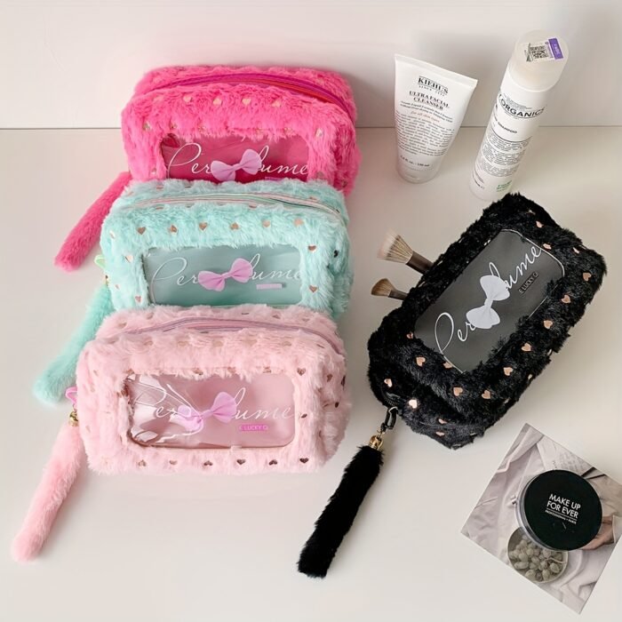 Cute Plush Makeup Bag with Bow Charm - Portable Cosmetic Organizer for Women, Soft Pink with Golden Accents, Compact Design for Travel & Daily Use, Makeup Travel Bag, Playful Design, Decorative Bow Detail - Image 8