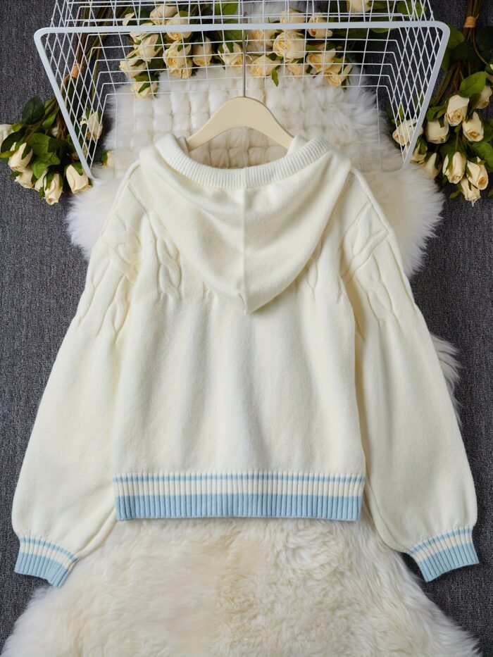 Women's Preppy Style Hooded Cardigan - & Pink Striped Button-Front Sweater with Heart Details, Loose Fit Jacket for Fall Winter Layering, Medium Stretch Casual Outerwear, Sweater Cardigan, Seasonal Fashion, Playful Details, Quality Stitching, College, Casual Attire, Soft Texture, Fashion Lovers - Image 4
