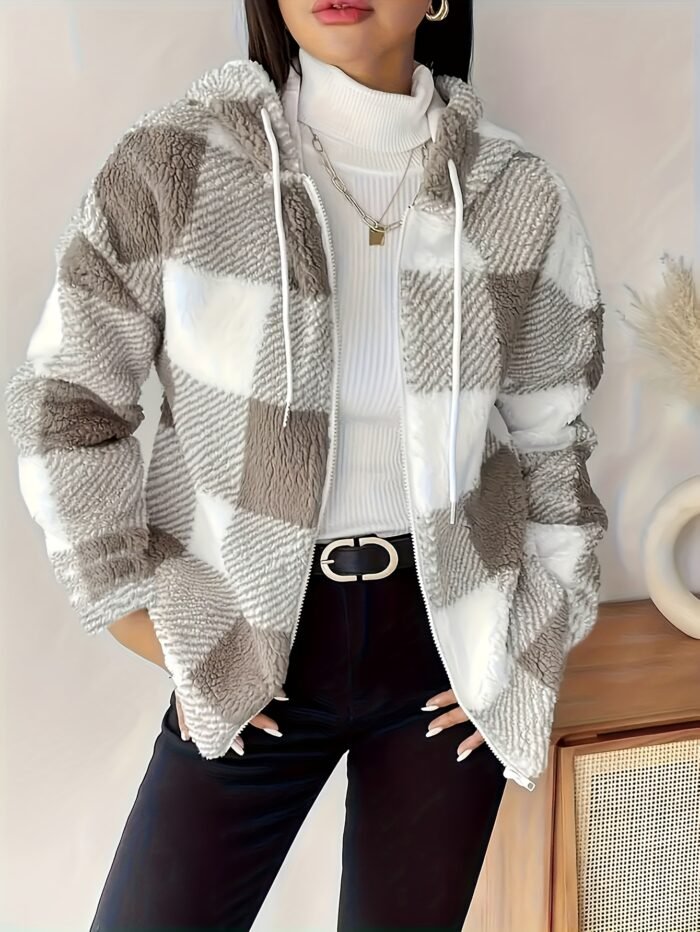 Women's Plush Coat - Non-Stretchy Beige & Brown Checkered Winter Jacket, Machine Washable Cold Weather Outerwear for Fall/Winter, Chic Everyday & Formal Events Coat, Winter Coats, Casual Winter Wear, Textured Fabric - Image 5