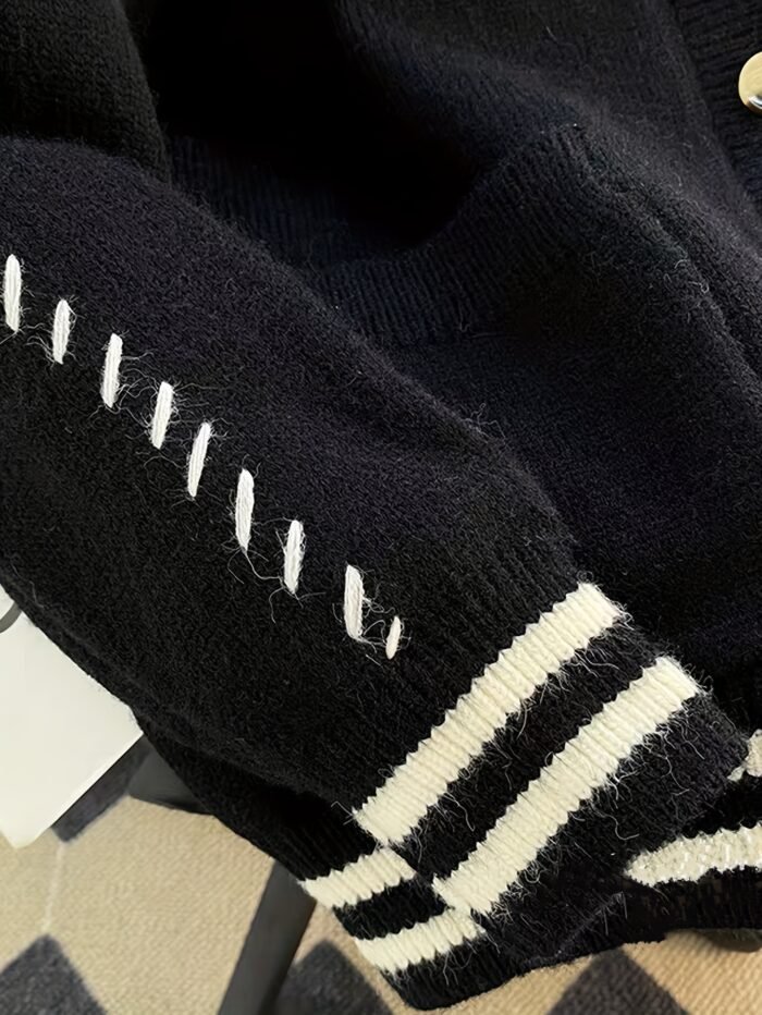 Women'S Color Block Cardigan - V-Neck with Tie-Front, Button-Up Sweater Jacket in Navy Blue & White, Long Sleeve for Fall/Winter, Cozy Casual Outerwear - Image 5