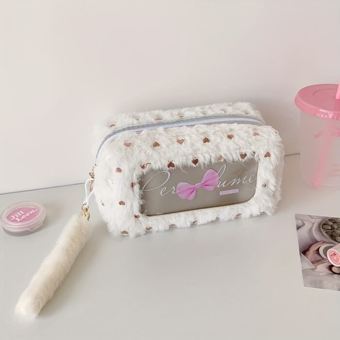 Cute Plush Makeup Bag with Bow Charm - Portable Cosmetic Organizer for Women, Soft Pink with Golden Accents, Compact Design for Travel & Daily Use, Makeup Travel Bag, Playful Design, Decorative Bow Detail - Image 3
