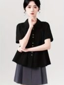 [Chic Blouse] Lightweight Polyester Summer Short Sleeve Blouse for Women | Chic, Casual Yet Stylish, Sweet Doll Collar, Button-Up Shirt with Chest Pockets