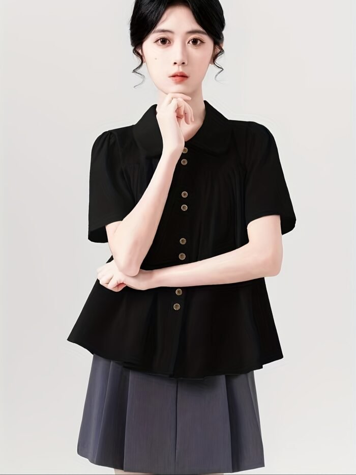 [Chic Blouse] Lightweight Polyester Summer Short Sleeve Blouse for Women | Chic, Casual Yet Stylish, Sweet Doll Collar, Button-Up Shirt with Chest Pockets - Image 5