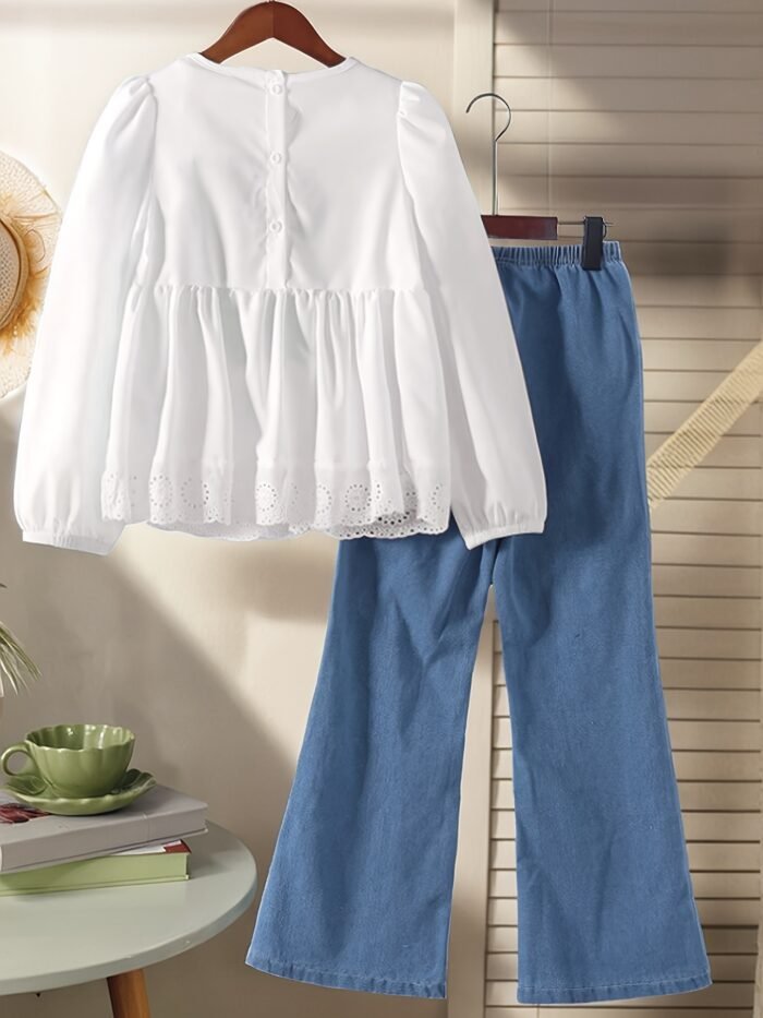 Spring and Autumn Girls' Fashionable New Set, Youthful Sunny Cute Design with Round Neck Long Sleeve Top & Stylish Versatile Casual Denim Pants for Outings Holidays Parties, Comfortable Two-Piece Suit for Middle-Large Kids Girlfriends, Exquisite Gift - Image 2