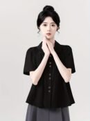 [Chic Blouse] Lightweight Polyester Summer Short Sleeve Blouse for Women | Chic, Casual Yet Stylish, Sweet Doll Collar, Button-Up Shirt with Chest Pockets