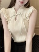 Women'S Black Sleeveless Knit Top with Ruffled Details - Casual Stand Collar, Polyester, Spring/Summer Fashion, Versatile and Elegant, Sleeveless Top|Ruffled Sleeve Top|Knit Construction