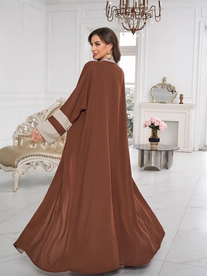 Breathable Light Beige-Friendly Fabric Color-Block Open Front Abaya with Sleeveless Inner Layer - Simple, Elegant, and Versatile Muslim Dress for Women's Daily Wear Parties, Suitable for Birthdays & Gatherings - Image 6