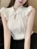 Women'S Black Sleeveless Knit Top with Ruffled Details - Casual Stand Collar, Polyester, Spring/Summer Fashion, Versatile and Elegant, Sleeveless Top|Ruffled Sleeve Top|Knit Construction