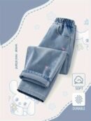 MIANZHI Girls' Jeans, Versatile Flared Pants for Kids Spring/Autumn, Embroidered Heart Pattern Pants for 3-14 Years Old Girls, Middle School Style Campus Long Pants, Korean Fashion Straight-Leg Trousers for Big Girls