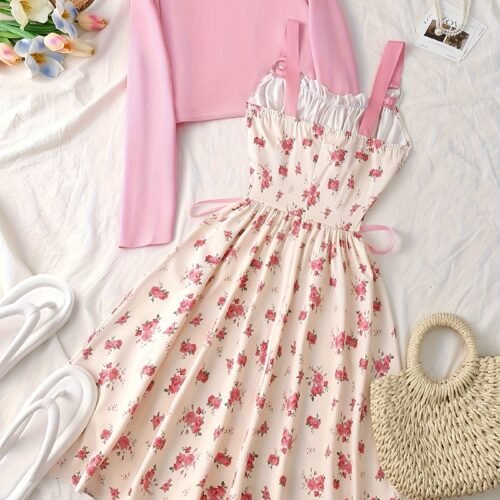Elegant Direction V-Neck Buttonless Long Sleeve Jacket with Cross Tie Bow Metal Ring Butterfly Print A-Line Flared Chest Pleated Elastic Suspenders Dress 1950S Retro Elegant Party Dress Set, Women Dresses, Women Dress Autumn, Women Dress Set