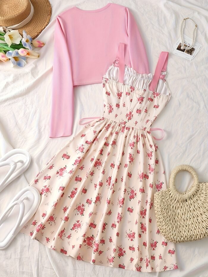 Elegant Direction V-Neck Buttonless Long Sleeve Jacket with Cross Tie Bow Metal Ring Butterfly Print A-Line Flared Chest Pleated Elastic Suspenders Dress 1950S Retro Elegant Party Dress Set, Women Dresses, Women Dress Autumn, Women Dress Set