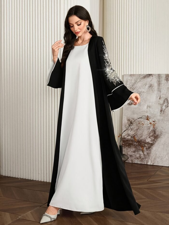 Women'S Elegant Arabic Abaya Robe - Long Sleeve Open Front Islamic Dress with & color contrast, Formal Wedding, Party, Everyday Muslim Gown for Modest Muslim Women - Spring/Fall/Summer Traditional Attire, Muslim Dress, Seasonal Wear - Image 7