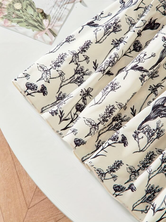 Spring/Summer New Fashionable Ladylike Literary Minimalist High-End Design, Pearl-Embellished Solid Color Round Neck Short Sleeve Top with Floral Print Ruffled Hem Midi Skirt, Casual Outing Vacation Party Comfort Two-Piece Set for Young Girls, Perfect for Outdoor - Image 3