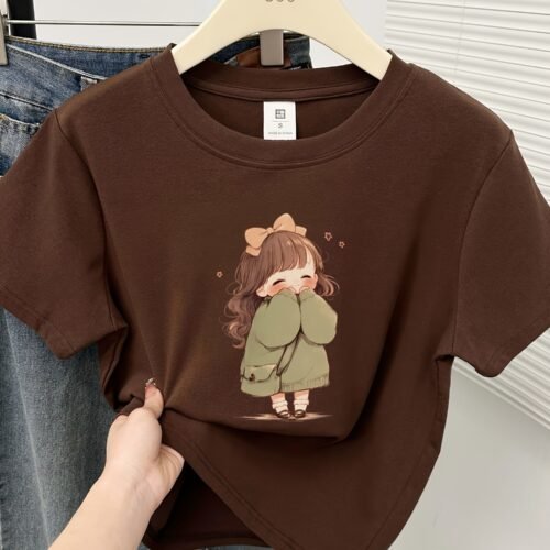 Women's Slim-Fit Full-Shoulder Crew Neck Short Sleeve T-Shirt - Cute Anime Print, Brown Casual Summer Top, Japanese Korean Style Fashion, Machine Washable, Comfortable Pullover, Cozy Fabric