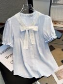 Women's & White Striped Puff Sleeve Blouse - Short Sleeve Button-Front Shirt with Bow Tie Collar, Vertical Striped Top for Spring Summer Casual & Semi-Formal Wear, Machine Washable (Non-Stretch)