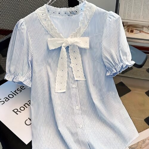 Women's & White Striped Puff Sleeve Blouse - Short Sleeve Button-Front Shirt with Bow Tie Collar, Vertical Striped Top for Spring Summer Casual & Semi-Formal Wear, Machine Washable (Non-Stretch)