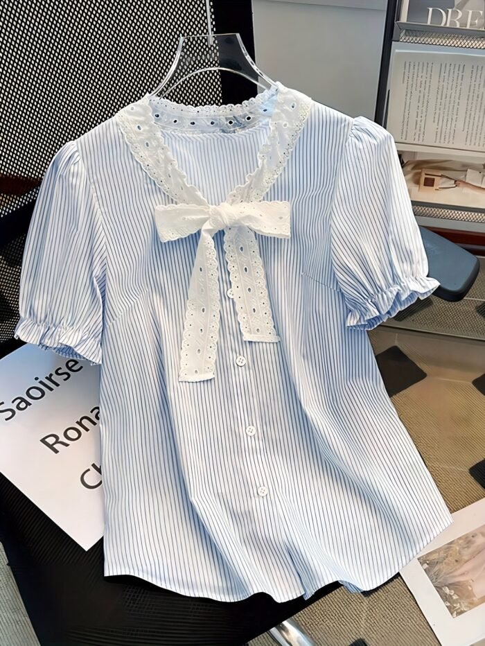 Women's & White Striped Puff Sleeve Blouse - Short Sleeve Button-Front Shirt with Bow Tie Collar, Vertical Striped Top for Spring Summer Casual & Semi-Formal Wear, Machine Washable (Non-Stretch)