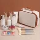 Large Capacity PU Handheld Makeup Bag - Portable Cosmetic Organizer with Detachable Brush Holder, White, Ideal for Lipstick, Perfume, Skincare, and Makeup Tools, Perfect Holiday Gift, Makeup Brush Holde