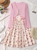 Elegant Direction V-Neck Buttonless Long Sleeve Jacket with Cross Tie Bow Metal Ring Butterfly Print A-Line Flared Chest Pleated Elastic Suspenders Dress 1950S Retro Elegant Party Dress Set, Women Dresses, Women Dress Autumn, Women Dress Set