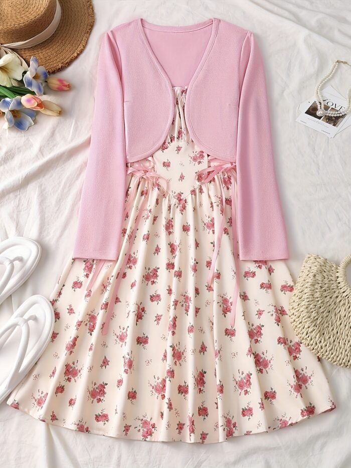 Elegant Direction V-Neck Buttonless Long Sleeve Jacket with Cross Tie Bow Metal Ring Butterfly Print A-Line Flared Chest Pleated Elastic Suspenders Dress 1950S Retro Elegant Party Dress Set, Women Dresses, Women Dress Autumn, Women Dress Set - Image 3