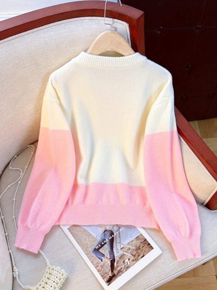 Women'S Elegant Long Sleeve Rose Print Sweater - Soft Pink & White Color Block, Round Neck, Machine Washable, Perfect for Office, Casual Wear, and Travel - Image 3