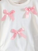 A Sweet And Playful Outfit for Girls Featuring Denim Long Pants, Adorned with a Pink Bow, Paired with a White Long-Sleeve Top, It'S Stylish And Versatile, Machine Washable, Perfect for Spring And Autumn Wear, Suitable for Everyday Outfits And Outings, for Outdoor