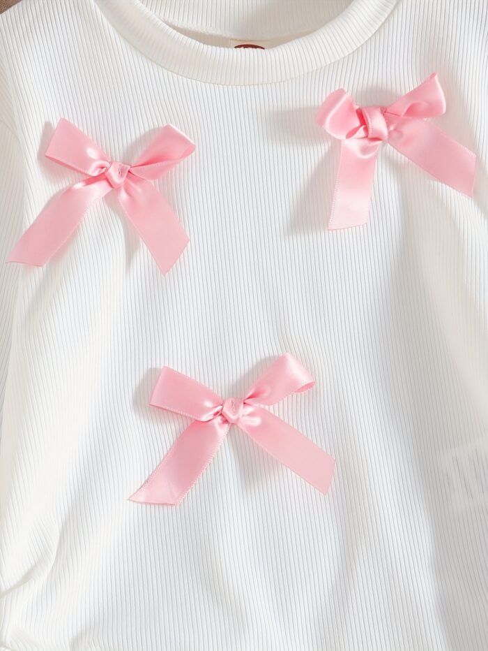 A Sweet And Playful Outfit for Girls Featuring Denim Long Pants, Adorned with a Pink Bow, Paired with a White Long-Sleeve Top, It'S Stylish And Versatile, Machine Washable, Perfect for Spring And Autumn Wear, Suitable for Everyday Outfits And Outings, for Outdoor - Image 4