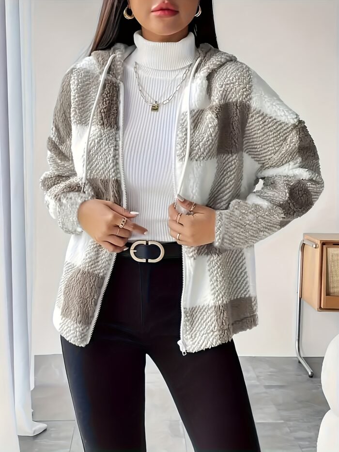 Women's Plush Coat - Non-Stretchy Beige & Brown Checkered Winter Jacket, Machine Washable Cold Weather Outerwear for Fall/Winter, Chic Everyday & Formal Events Coat, Winter Coats, Casual Winter Wear, Textured Fabric - Image 2