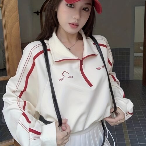 Early Spring New Style Stand Collar Long Sleeve Color Block Hoodie Women's Design Half-Zip Short Casual Top