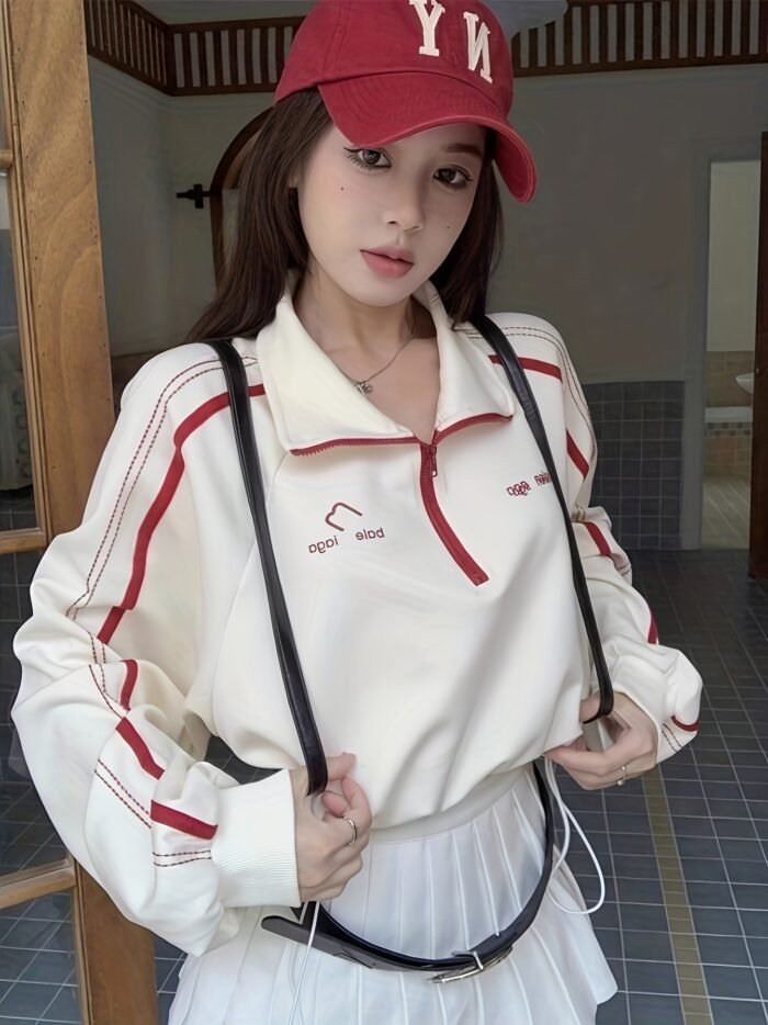 Early Spring New Style Stand Collar Long Sleeve Color Block Hoodie Women's Design Half-Zip Short Casual Top