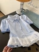 Elegant French-Style Women'S Short Sleeve Blouse with Contrast Lace Hem - Light Blue, Chic Collar Design, Perfect for Casual or Formal Occasions, Ladies Blouses