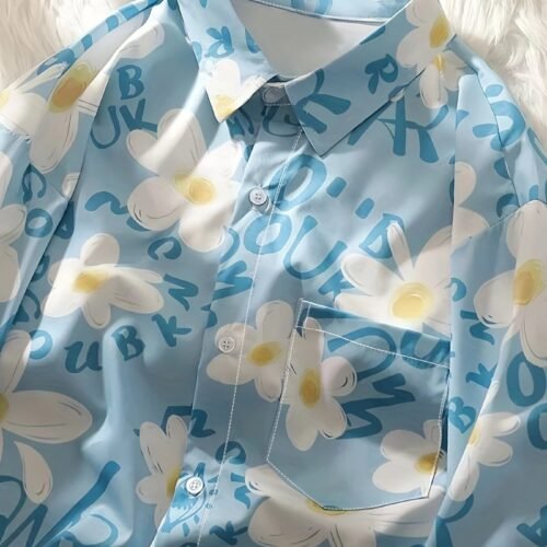 Women'S Floral Print Short Sleeve Blouse - Casual Loose Fit, Button-Up Shirt with Collar, Light Blue Floral Design, Perfect for Spring/Summer/Fall, Ladies Blouses