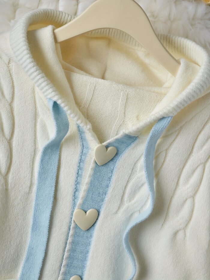 Women's Preppy Style Hooded Cardigan - & Pink Striped Button-Front Sweater with Heart Details, Loose Fit Jacket for Fall Winter Layering, Medium Stretch Casual Outerwear, Sweater Cardigan, Seasonal Fashion, Playful Details, Quality Stitching, College, Casual Attire, Soft Texture, Fashion Lovers - Image 6