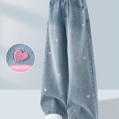 MIANZHI Girls' Jeans, Versatile Flared Pants for Kids Spring/Autumn, Embroidered Heart Pattern Pants for 3-14 Years Old Girls, Middle School Style Campus Long Pants, Korean Fashion Straight-Leg Trousers for Big Girls