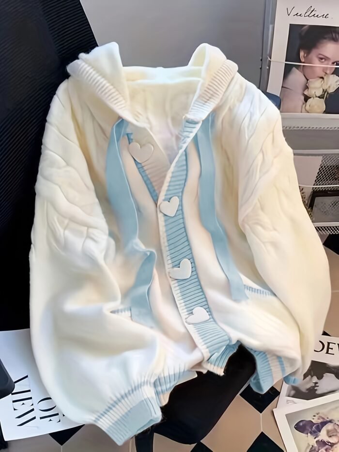 Women's Preppy Style Hooded Cardigan - & Pink Striped Button-Front Sweater with Heart Details, Loose Fit Jacket for Fall Winter Layering, Medium Stretch Casual Outerwear, Sweater Cardigan, Seasonal Fashion, Playful Details, Quality Stitching, College, Casual Attire, Soft Texture, Fashion Lovers - Image 3